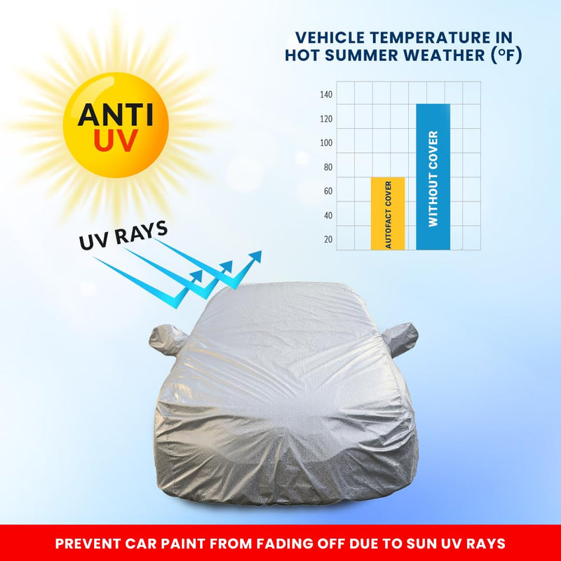 Autofact Exter Car Cover - FlexGuard - Waterproof Car Body Cover for Hyundai Exter - With Mirror Pockets, Triple Stitched, Bottom Fully Elastic, Adjustable Belt and Buckle (Silver)