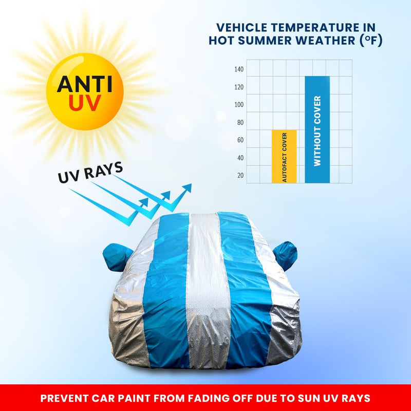 Autofact I20 New Car Cover - FlexGuard - Waterproof Car Body Cover for Hyundai I20 New - With Mirror Pockets, Triple Stitched, Bottom Fully Elastic, Adjustable Belt and Buckle (Silver / Blue Stripes)