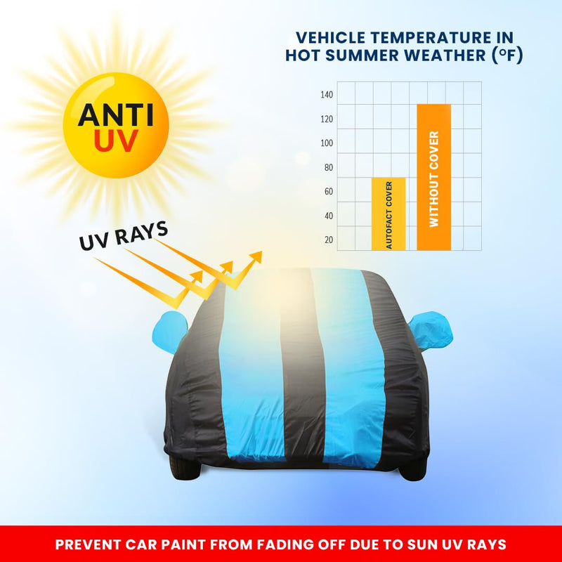 Autofact I20 New Car Cover - EasyShield - Car Body Cover for Hyundai I20 New - With Mirror Pockets, Triple Stitched, Bottom Fully Elastic, Adjustable Belt and Buckle (Teak Blue Stripes)