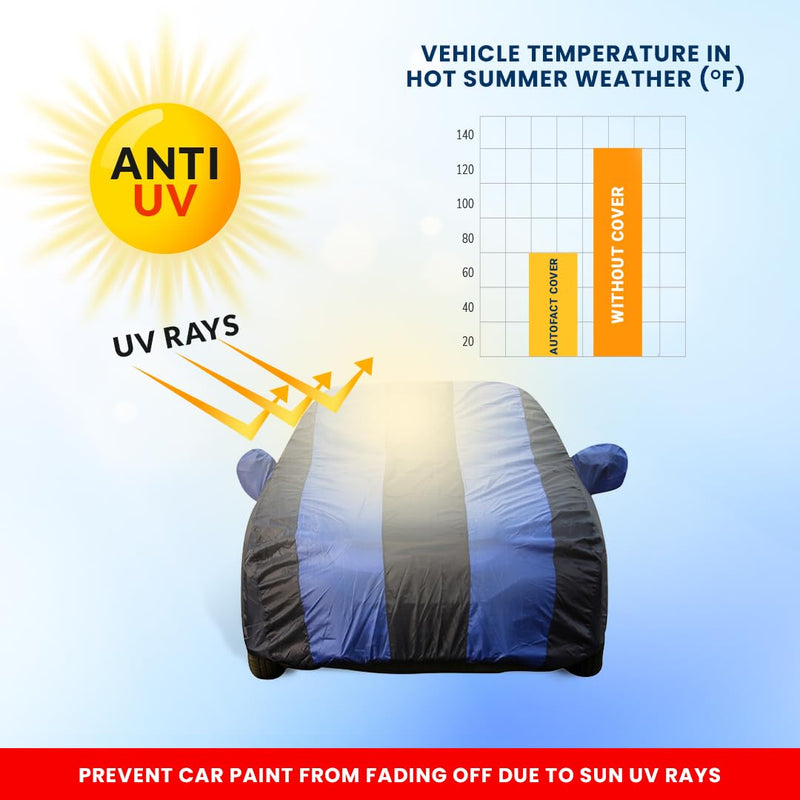 Autofact I20 New Car Cover - EasyShield - Car Body Cover for Hyundai I20 New - With Mirror Pockets, Triple Stitched, Bottom Fully Elastic, Adjustable Belt and Buckle (Royal Blue Stripes)