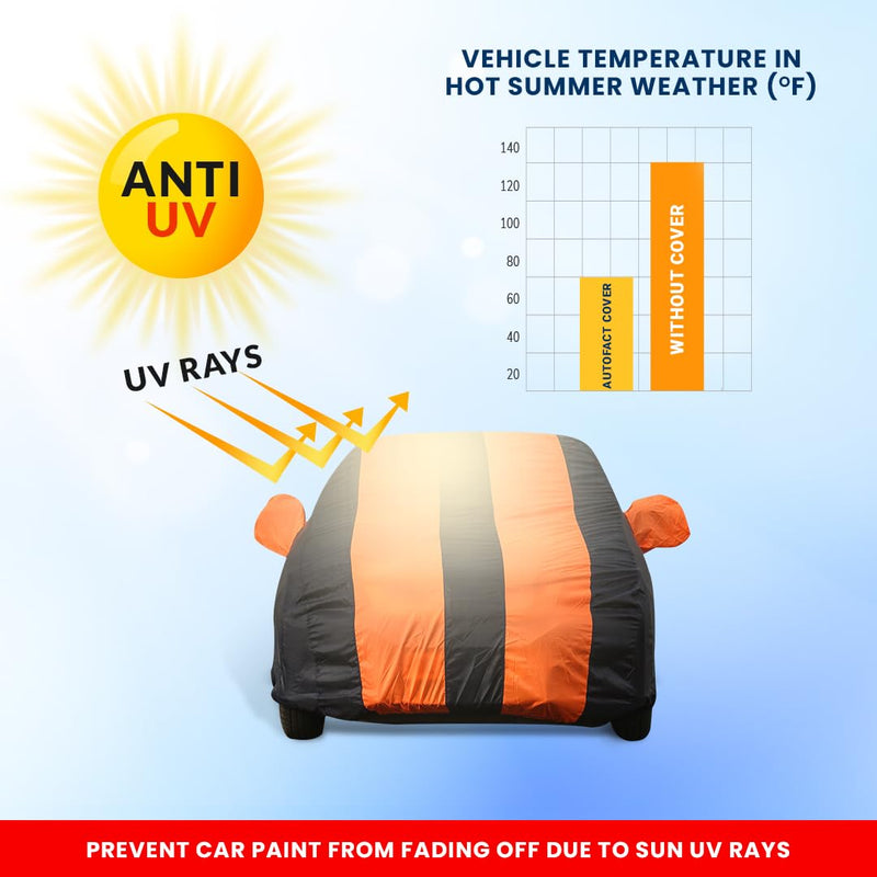 Autofact I20 New Car Cover - EasyShield - Car Body Cover for Hyundai I20 New - With Mirror Pockets, Triple Stitched, Bottom Fully Elastic, Adjustable Belt and Buckle (Orange Blue Stripes)