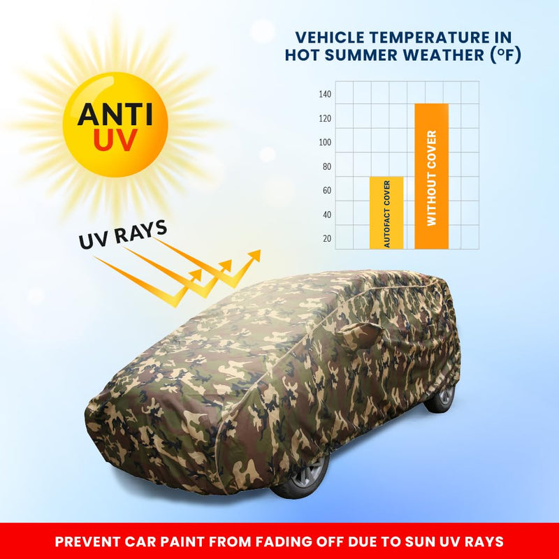 Autofact Exter Car Cover - TearTough - Dog Proof / Waterproof Car Body Cover for Hyundai Exter - With Mirror Pockets, Triple Stitched, Bottom Fully Elastic, Adjustable Belt and Buckle (Jungle Print 4x4)