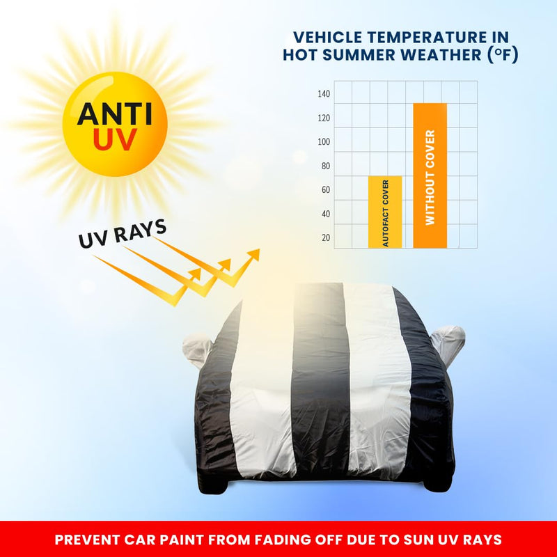 Autofact I20 New Car Cover - EasyShield - Car Body Cover for Hyundai I20 New - With Mirror Pockets, Triple Stitched, Bottom Fully Elastic, Adjustable Belt and Buckle (White Blue Stripes)