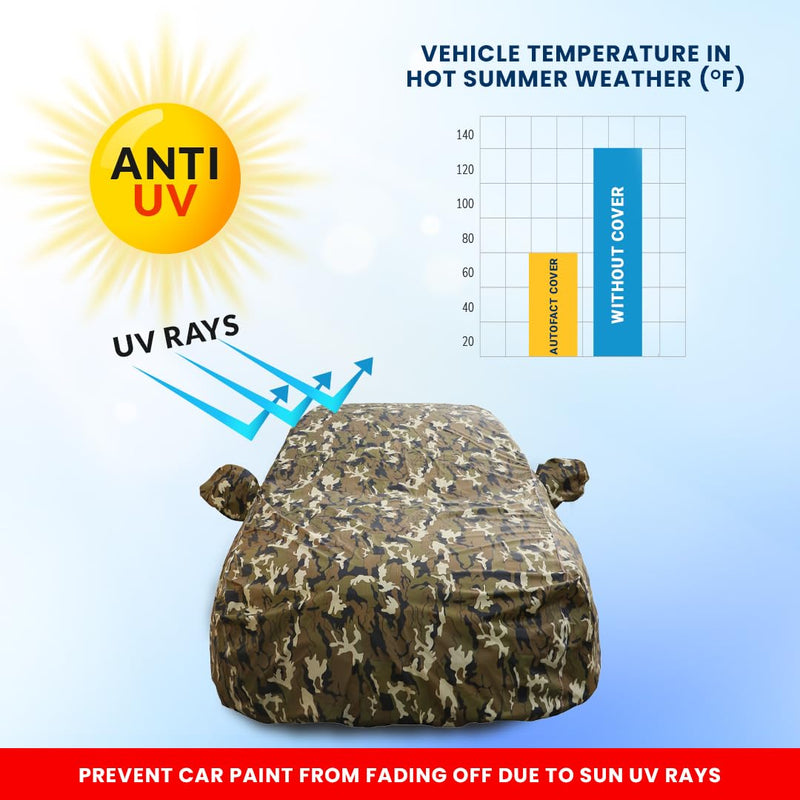 Autofact City Zx Car Cover - FlexGuard - Waterproof Car Body Cover for Honda City Zx - With Mirror Pockets, Triple Stitched, Bottom Fully Elastic, Adjustable Belt and Buckle (Camouflage)