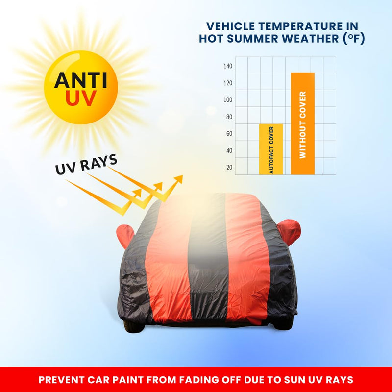 Autofact I20 New Car Cover - EasyShield - Car Body Cover for Hyundai I20 New - With Mirror Pockets, Triple Stitched, Bottom Fully Elastic, Adjustable Belt and Buckle (Red Blue Stripes)