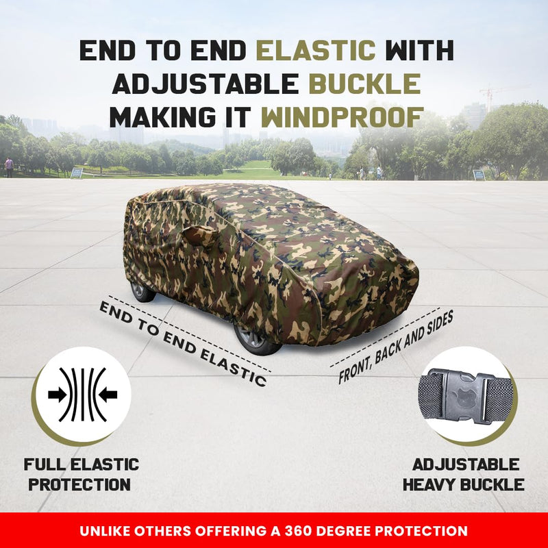 Autofact I20 New Car Cover - TearTough - Dog Proof / Waterproof Car Body Cover for Hyundai I20 New - With Mirror Pockets, Triple Stitched, Bottom Fully Elastic, Adjustable Belt and Buckle (Jungle Print 4x4)