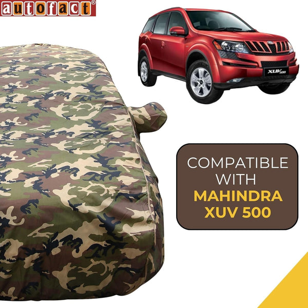 Autofact XUV 500 Car Cover - TearTough - Dog Proof / Waterproof Car Body Cover for Mahindra XUV 500 - With Mirror Pockets, Triple Stitched, Bottom Fully Elastic, Adjustable Belt and Buckle (Jungle Print 4x4)