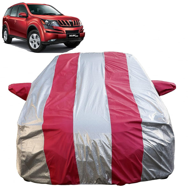 Autofact XUV 500 Car Cover - FlexGuard - Waterproof Car Body Cover for Mahindra XUV 500 - With Mirror Pockets, Triple Stitched, Bottom Fully Elastic, Adjustable Belt and Buckle (Silver / Pink Stripes)