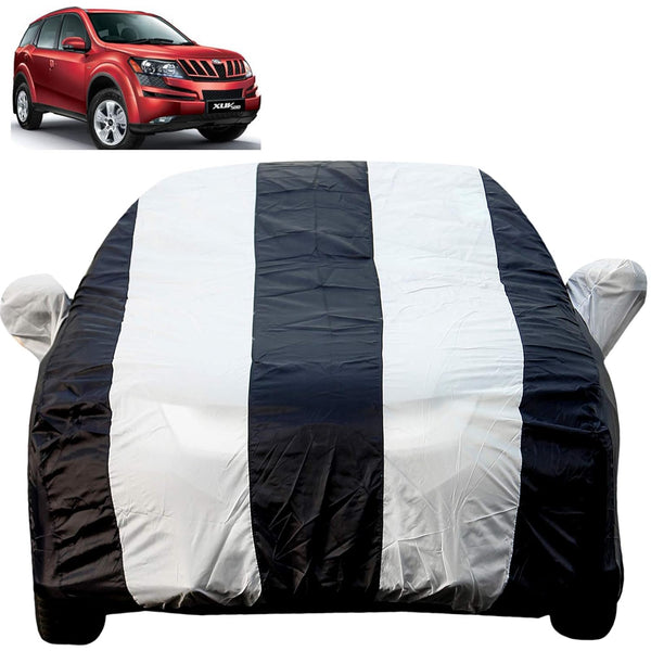 Autofact XUV 500 Car Cover - EasyShield - Car Body Cover for Mahindra XUV 500 - With Mirror Pockets, Triple Stitched, Bottom Fully Elastic, Adjustable Belt and Buckle (White Blue Stripes)