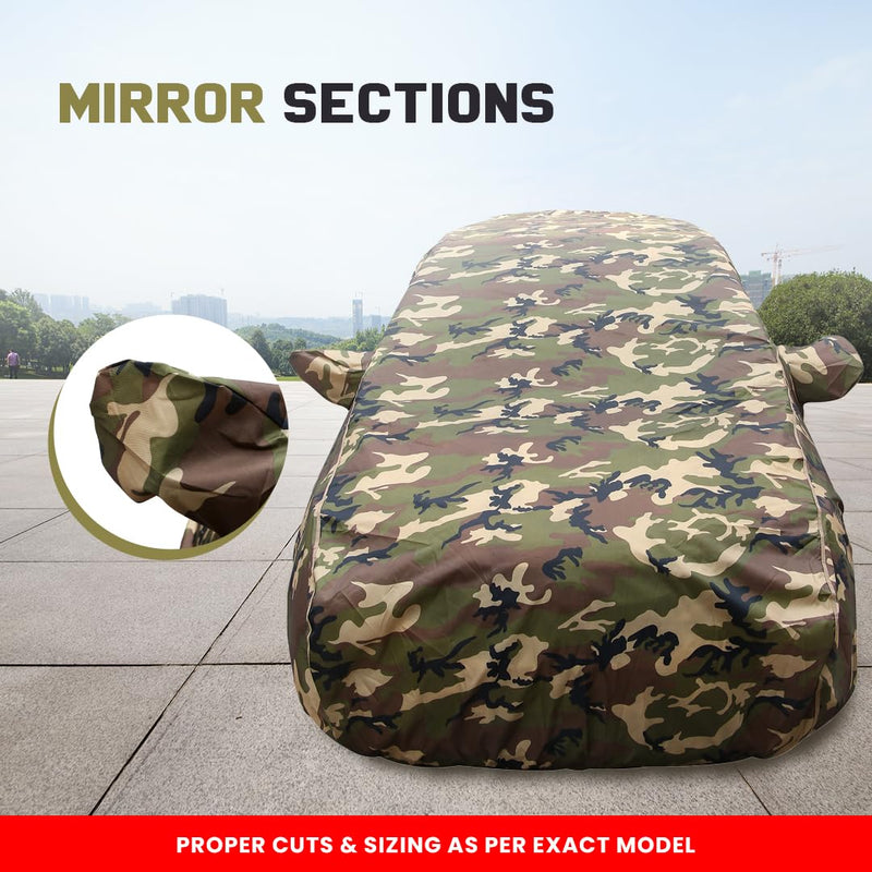 Autofact Exter Car Cover - TearTough - Dog Proof / Waterproof Car Body Cover for Hyundai Exter - With Mirror Pockets, Triple Stitched, Bottom Fully Elastic, Adjustable Belt and Buckle (Jungle Print 4x4)