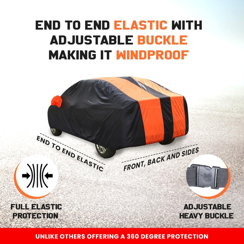 Autofact I20 New Car Cover - EasyShield - Car Body Cover for Hyundai I20 New - With Mirror Pockets, Triple Stitched, Bottom Fully Elastic, Adjustable Belt and Buckle (Orange Blue Stripes)