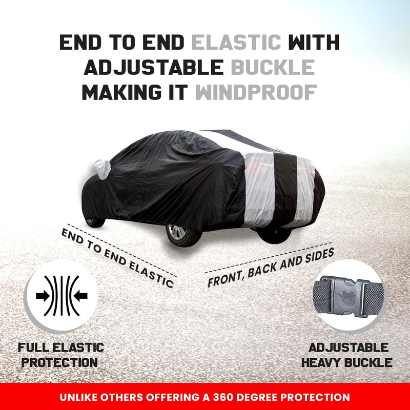 Autofact I20 New Car Cover - EasyShield - Car Body Cover for Hyundai I20 New - With Mirror Pockets, Triple Stitched, Bottom Fully Elastic, Adjustable Belt and Buckle (White Blue Stripes)