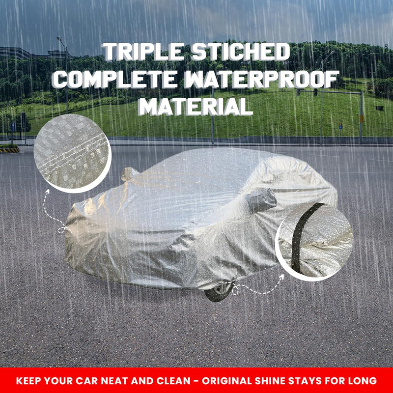 Autofact Exter Car Cover - FlexGuard - Waterproof Car Body Cover for Hyundai Exter - With Mirror Pockets, Triple Stitched, Bottom Fully Elastic, Adjustable Belt and Buckle (Silver)