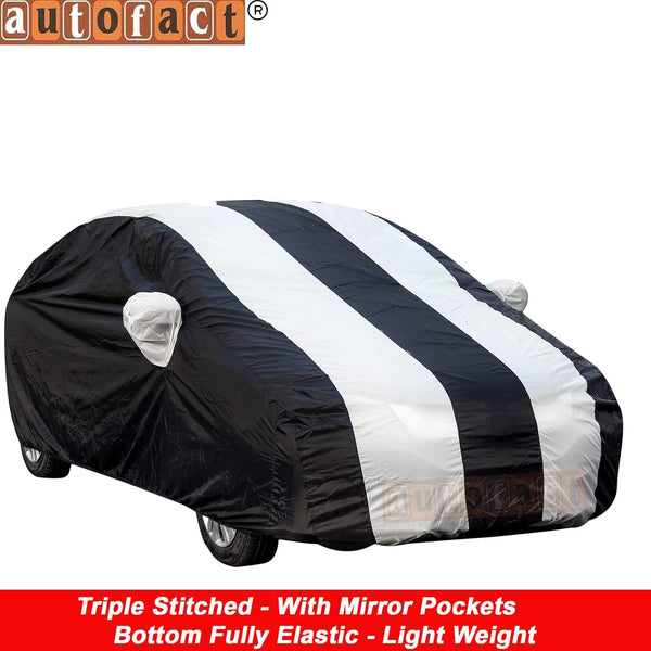 Autofact City Zx Car Cover - EasyShield - Car Body Cover for Honda City Zx - With Mirror Pockets, Triple Stitched, Bottom Fully Elastic, Adjustable Belt and Buckle (White Blue Stripes)