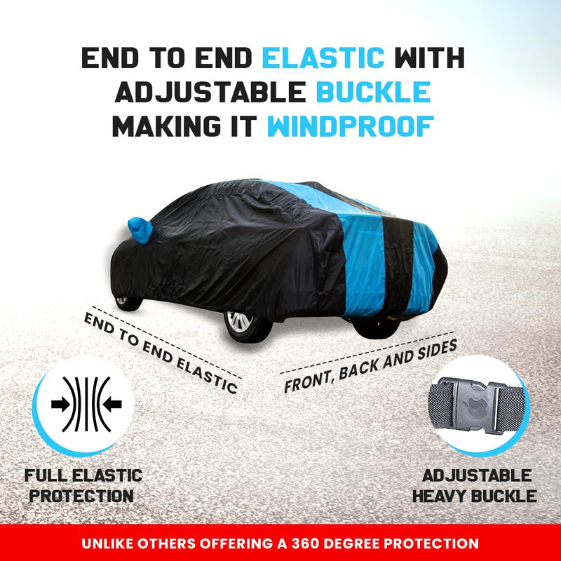 Autofact I20 New Car Cover - EasyShield - Car Body Cover for Hyundai I20 New - With Mirror Pockets, Triple Stitched, Bottom Fully Elastic, Adjustable Belt and Buckle (Teak Blue Stripes)