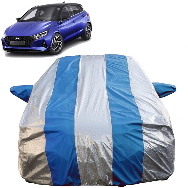 Autofact I20 New Car Cover - FlexGuard - Waterproof Car Body Cover for Hyundai I20 New - With Mirror Pockets, Triple Stitched, Bottom Fully Elastic, Adjustable Belt and Buckle (Silver / Blue Stripes)