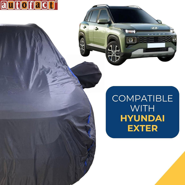 Autofact Exter Car Cover - CoreProtect - Water Resistant Car Body Cover for Hyundai Exter - With Mirror Pockets, Triple Stitched, Bottom Fully Elastic, Adjustable Belt and Buckle (Grey 210D)