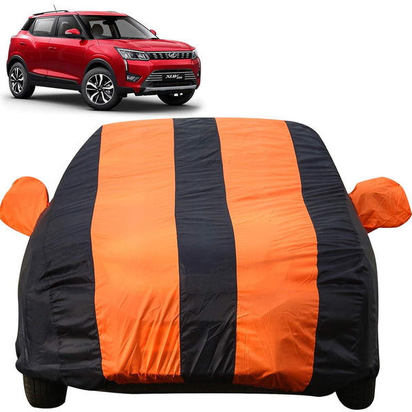 Autofact XUV 500 Car Cover - EasyShield - Car Body Cover for Mahindra XUV 500 - With Mirror Pockets, Triple Stitched, Bottom Fully Elastic, Adjustable Belt and Buckle (Orange Blue Stripes)