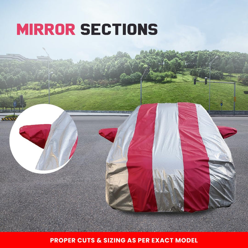 Autofact Exter Car Cover - FlexGuard - Waterproof Car Body Cover for Hyundai Exter - With Mirror Pockets, Triple Stitched, Bottom Fully Elastic, Adjustable Belt and Buckle (Silver / Pink Stripes)