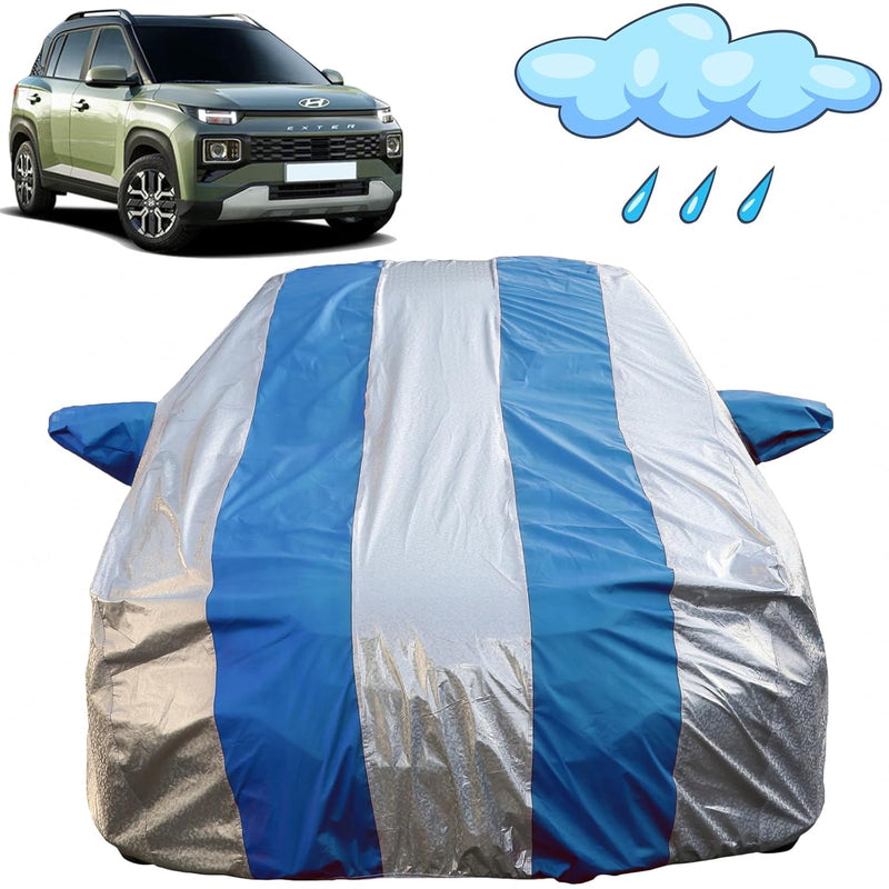 Autofact Exter Car Cover - FlexGuard - Waterproof Car Body Cover for Hyundai Exter - With Mirror Pockets, Triple Stitched, Bottom Fully Elastic, Adjustable Belt and Buckle (Silver / Blue Stripes)