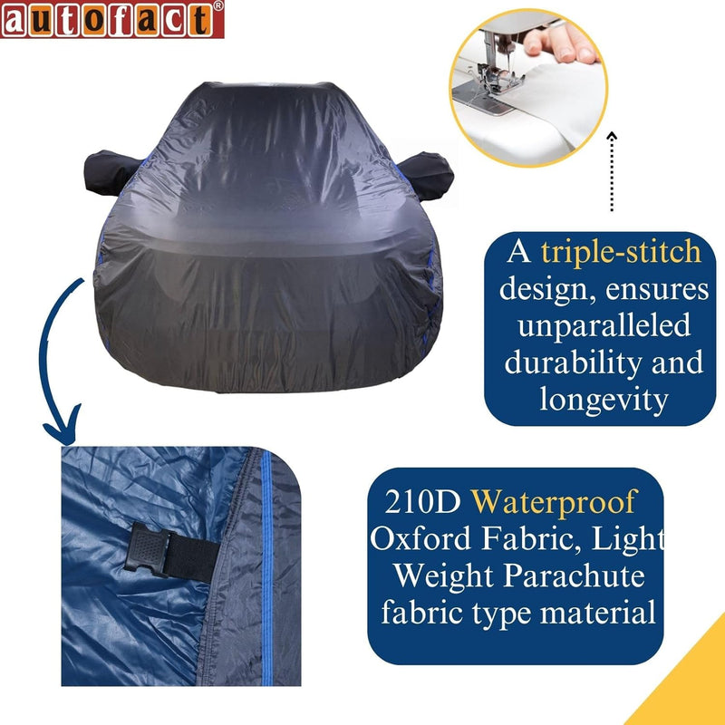 Autofact Exter Car Cover - CoreProtect - Water Resistant Car Body Cover for Hyundai Exter - With Mirror Pockets, Triple Stitched, Bottom Fully Elastic, Adjustable Belt and Buckle (Grey 210D)