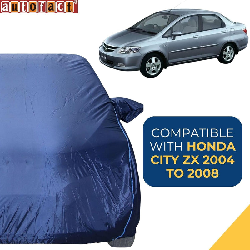 Autofact City Zx Car Cover - CoreProtect - Water Resistant Car Body Cover for Honda City Zx - With Mirror Pockets, Triple Stitched, Bottom Fully Elastic, Adjustable Belt and Buckle (Navy 210D)