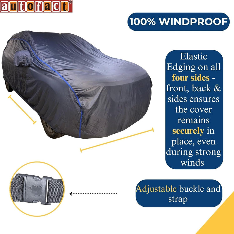 Autofact Exter Car Cover - CoreProtect - Water Resistant Car Body Cover for Hyundai Exter - With Mirror Pockets, Triple Stitched, Bottom Fully Elastic, Adjustable Belt and Buckle (Grey 210D)