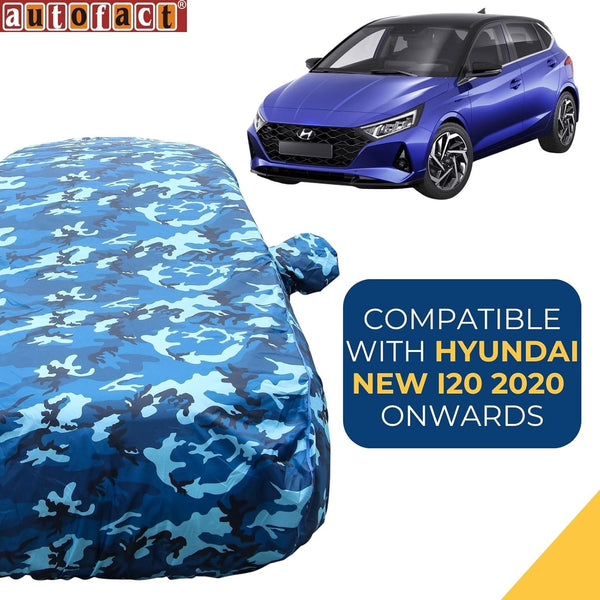 Autofact I20 New Car Cover - TearTough - Dog Proof / Waterproof Car Body Cover for Hyundai I20 New - With Mirror Pockets, Triple Stitched, Bottom Fully Elastic, Adjustable Belt and Buckle (Airforce Blue 4x4)