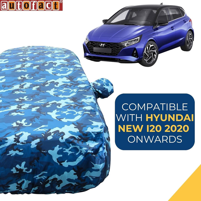 Autofact I20 New Car Cover - TearTough - Dog Proof / Waterproof Car Body Cover for Hyundai I20 New - With Mirror Pockets, Triple Stitched, Bottom Fully Elastic, Adjustable Belt and Buckle (Airforce Blue 4x4)