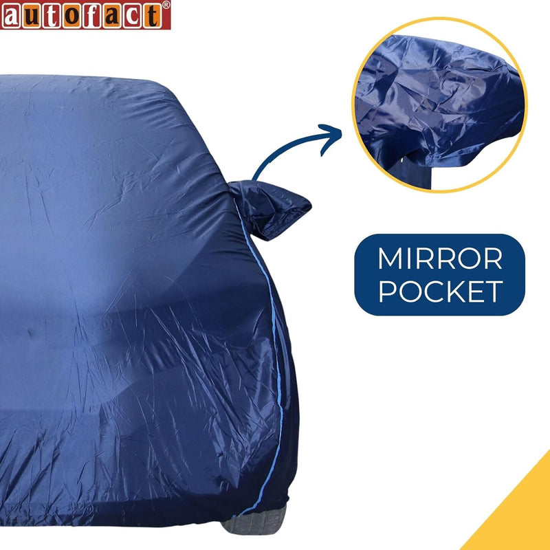 Autofact Exter Car Cover - CoreProtect - Water Resistant Car Body Cover for Hyundai Exter - With Mirror Pockets, Triple Stitched, Bottom Fully Elastic, Adjustable Belt and Buckle (Navy 210D)