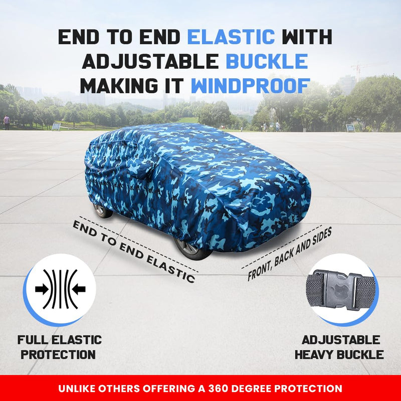 Autofact City Zx Car Cover - TearTough - Dog Proof / Waterproof Car Body Cover for Honda City Zx - With Mirror Pockets, Triple Stitched, Bottom Fully Elastic, Adjustable Belt and Buckle (Airforce Blue 4x4)