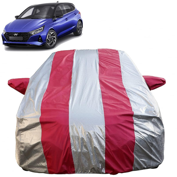 Autofact I20 New Car Cover - FlexGuard - Waterproof Car Body Cover for Hyundai I20 New - With Mirror Pockets, Triple Stitched, Bottom Fully Elastic, Adjustable Belt and Buckle (Silver / Pink Stripes)