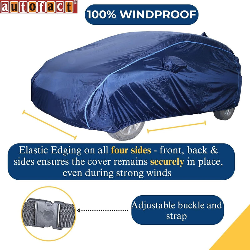 Autofact Exter Car Cover - CoreProtect - Water Resistant Car Body Cover for Hyundai Exter - With Mirror Pockets, Triple Stitched, Bottom Fully Elastic, Adjustable Belt and Buckle (Navy 210D)