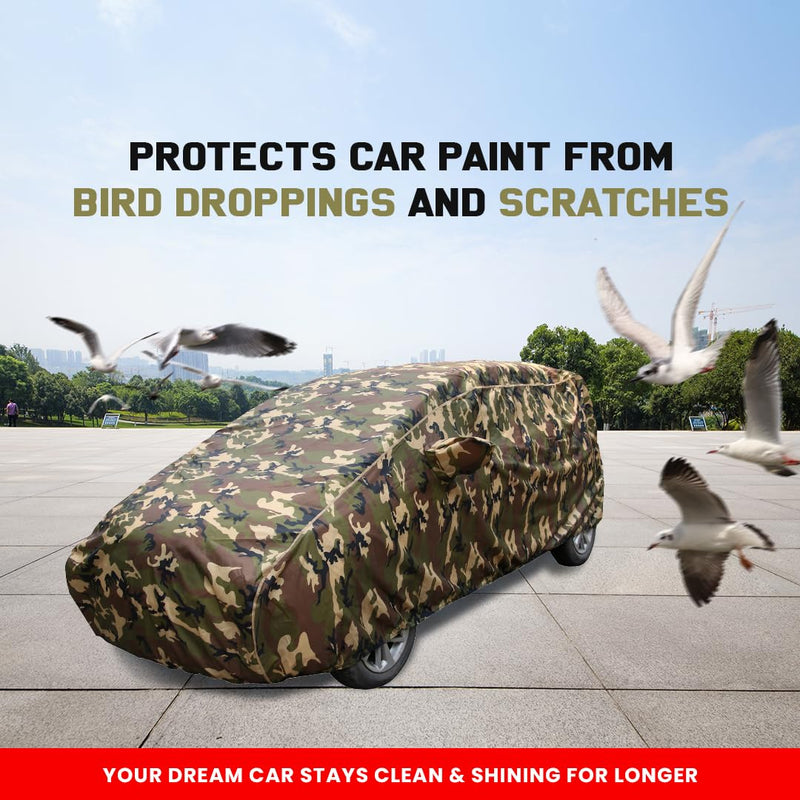 Autofact I20 New Car Cover - TearTough - Dog Proof / Waterproof Car Body Cover for Hyundai I20 New - With Mirror Pockets, Triple Stitched, Bottom Fully Elastic, Adjustable Belt and Buckle (Jungle Print 4x4)