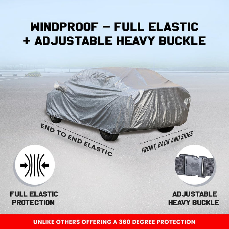 Autofact City Zx Car Cover - FlexGuard - Waterproof Car Body Cover for Honda City Zx - With Mirror Pockets, Triple Stitched, Bottom Fully Elastic, Adjustable Belt and Buckle (Silver)