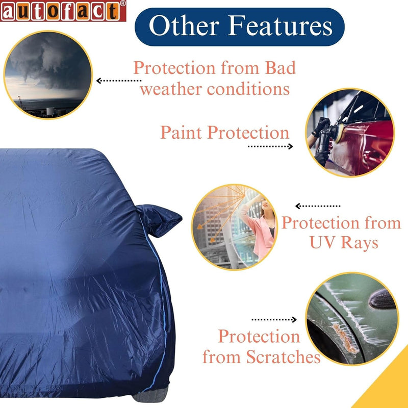 Autofact City Zx Car Cover - CoreProtect - Water Resistant Car Body Cover for Honda City Zx - With Mirror Pockets, Triple Stitched, Bottom Fully Elastic, Adjustable Belt and Buckle (Navy 210D)