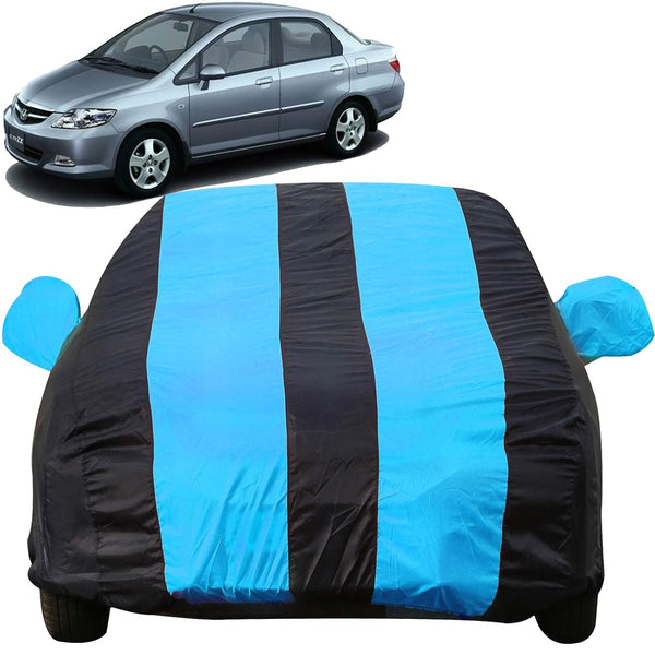 Autofact City Zx Car Cover - EasyShield - Car Body Cover for Honda City Zx - With Mirror Pockets, Triple Stitched, Bottom Fully Elastic, Adjustable Belt and Buckle (Teak Blue Stripes)