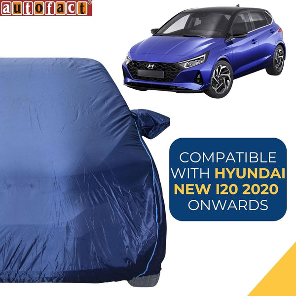 Autofact I20 New Car Cover - CoreProtect - Water Resistant Car Body Cover for Hyundai I20 New - With Mirror Pockets, Triple Stitched, Bottom Fully Elastic, Adjustable Belt and Buckle (Navy 210D)