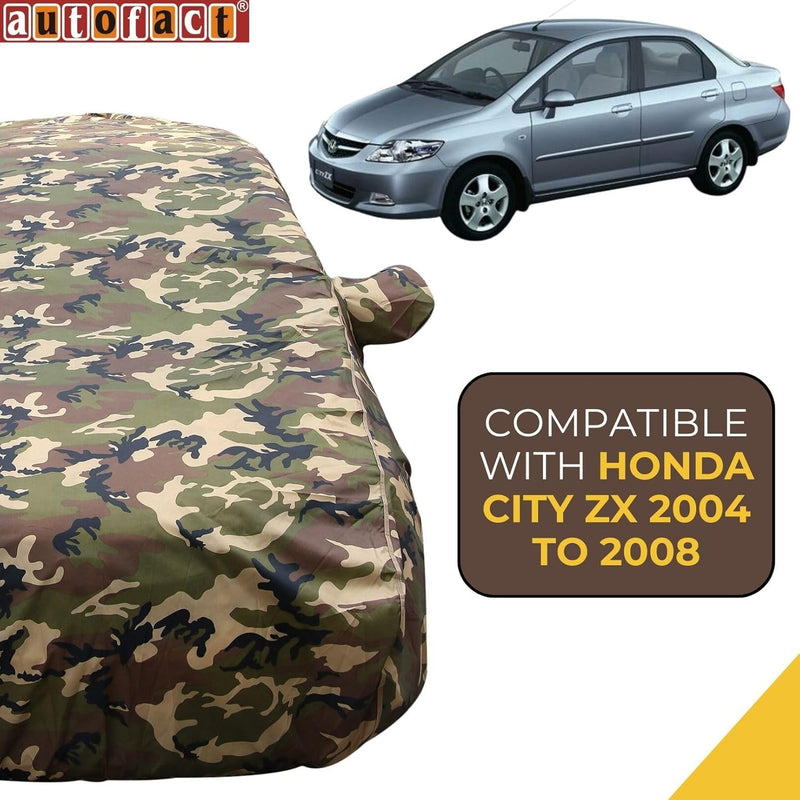 Autofact City Zx Car Cover - TearTough - Dog Proof / Waterproof Car Body Cover for Honda City Zx - With Mirror Pockets, Triple Stitched, Bottom Fully Elastic, Adjustable Belt and Buckle (Jungle Print 4x4)