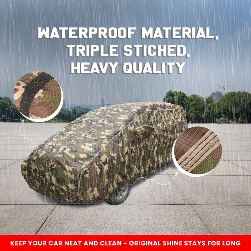 Autofact City Zx Car Cover - TearTough - Dog Proof / Waterproof Car Body Cover for Honda City Zx - With Mirror Pockets, Triple Stitched, Bottom Fully Elastic, Adjustable Belt and Buckle (Jungle Print 4x4)