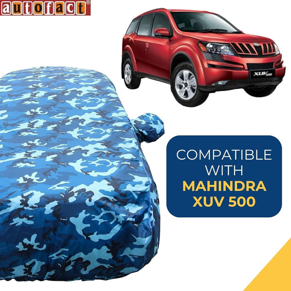 Autofact XUV 500 Car Cover - TearTough - Dog Proof / Waterproof Car Body Cover for Mahindra XUV 500 - With Mirror Pockets, Triple Stitched, Bottom Fully Elastic, Adjustable Belt and Buckle (Airforce Blue 4x4)