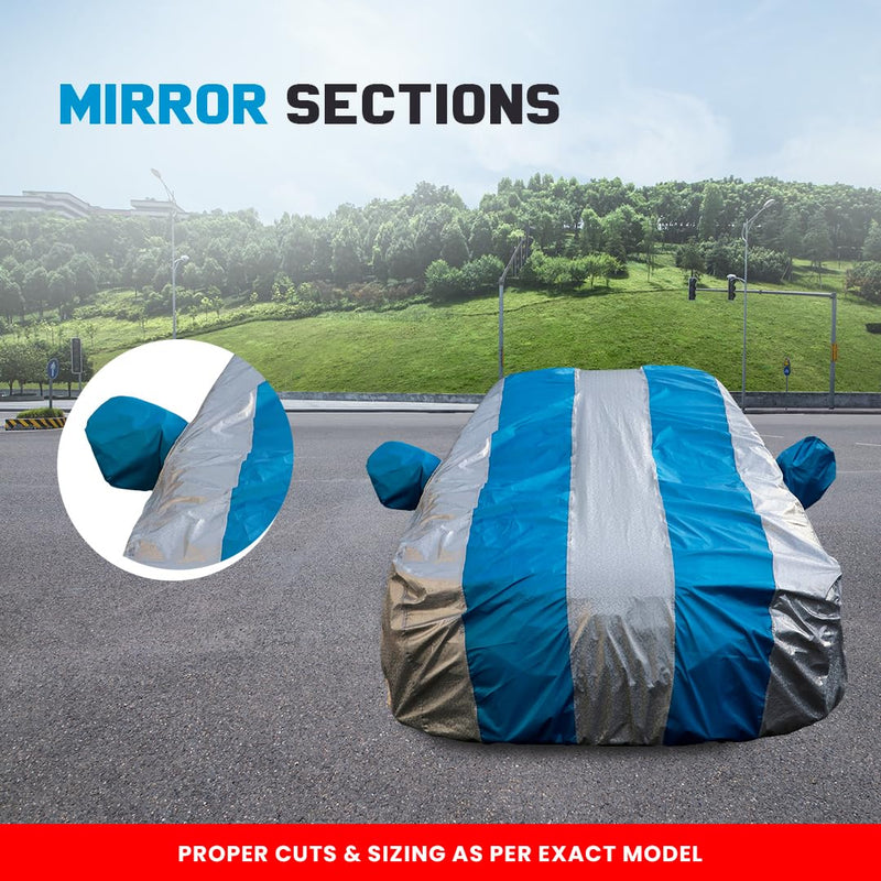 Autofact Exter Car Cover - FlexGuard - Waterproof Car Body Cover for Hyundai Exter - With Mirror Pockets, Triple Stitched, Bottom Fully Elastic, Adjustable Belt and Buckle (Silver / Blue Stripes)