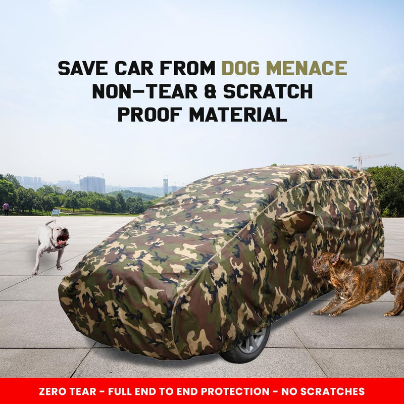 Autofact I20 New Car Cover - TearTough - Dog Proof / Waterproof Car Body Cover for Hyundai I20 New - With Mirror Pockets, Triple Stitched, Bottom Fully Elastic, Adjustable Belt and Buckle (Jungle Print 4x4)