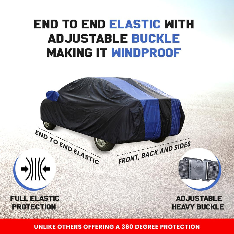 Autofact City Zx Car Cover - EasyShield - Car Body Cover for Honda City Zx - With Mirror Pockets, Triple Stitched, Bottom Fully Elastic, Adjustable Belt and Buckle (Royal Blue Stripes)