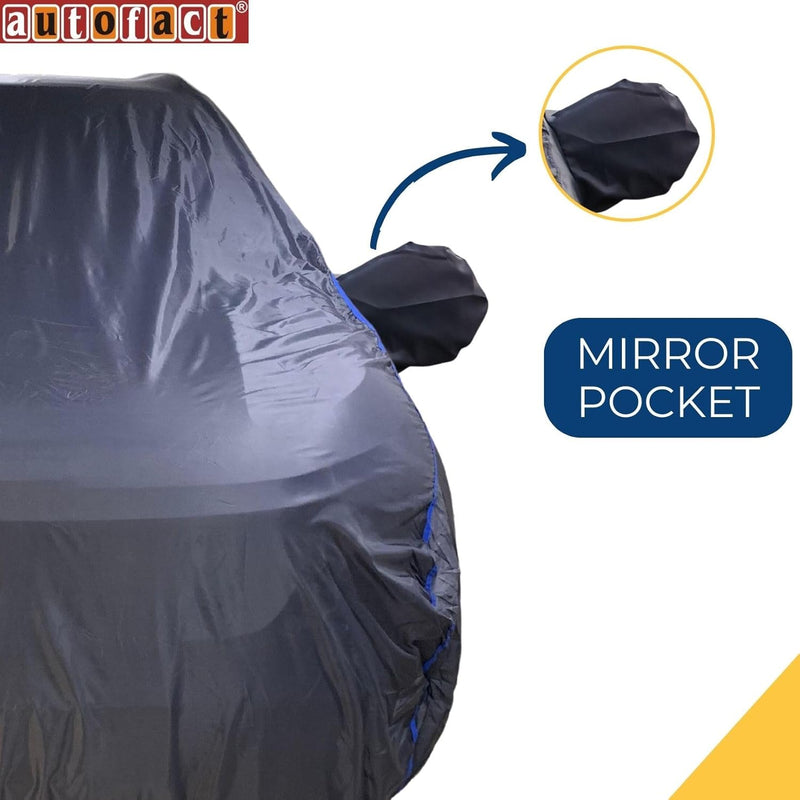 Autofact Exter Car Cover - CoreProtect - Water Resistant Car Body Cover for Hyundai Exter - With Mirror Pockets, Triple Stitched, Bottom Fully Elastic, Adjustable Belt and Buckle (Grey 210D)