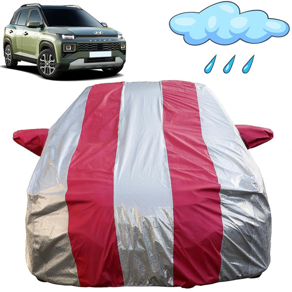 Autofact Exter Car Cover - FlexGuard - Waterproof Car Body Cover for Hyundai Exter - With Mirror Pockets, Triple Stitched, Bottom Fully Elastic, Adjustable Belt and Buckle (Silver / Pink Stripes)