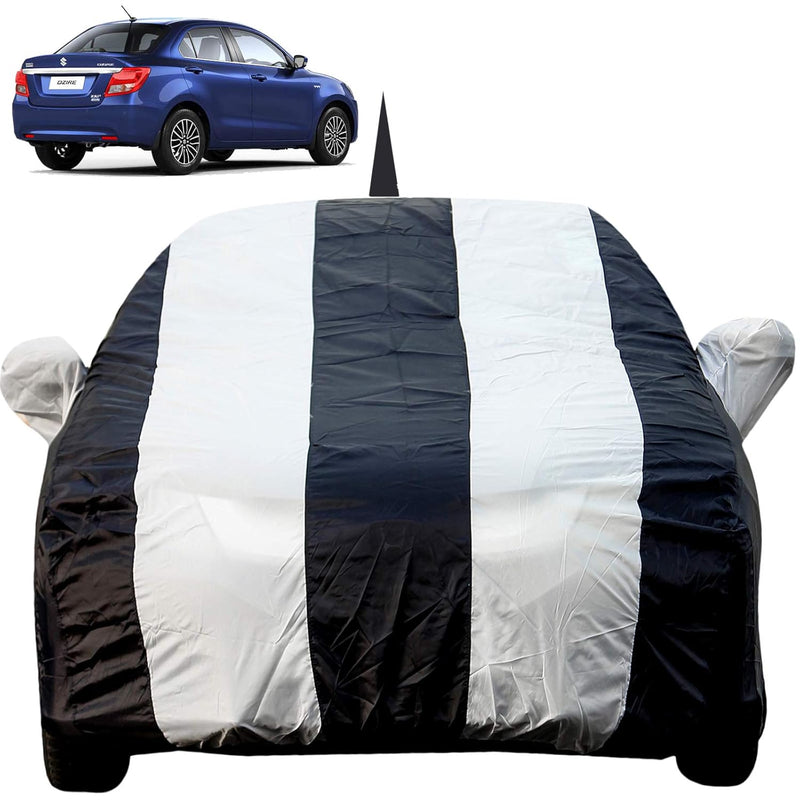 Autofact Exter Car Cover - EasyShield - Car Body Cover for Hyundai Exter - With Mirror Pockets, Triple Stitched, Bottom Fully Elastic, Adjustable Belt and Buckle (White Blue Stripes)