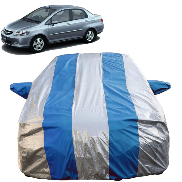 Autofact City Zx Car Cover - FlexGuard - Waterproof Car Body Cover for Honda City Zx - With Mirror Pockets, Triple Stitched, Bottom Fully Elastic, Adjustable Belt and Buckle (Silver / Blue Stripes)