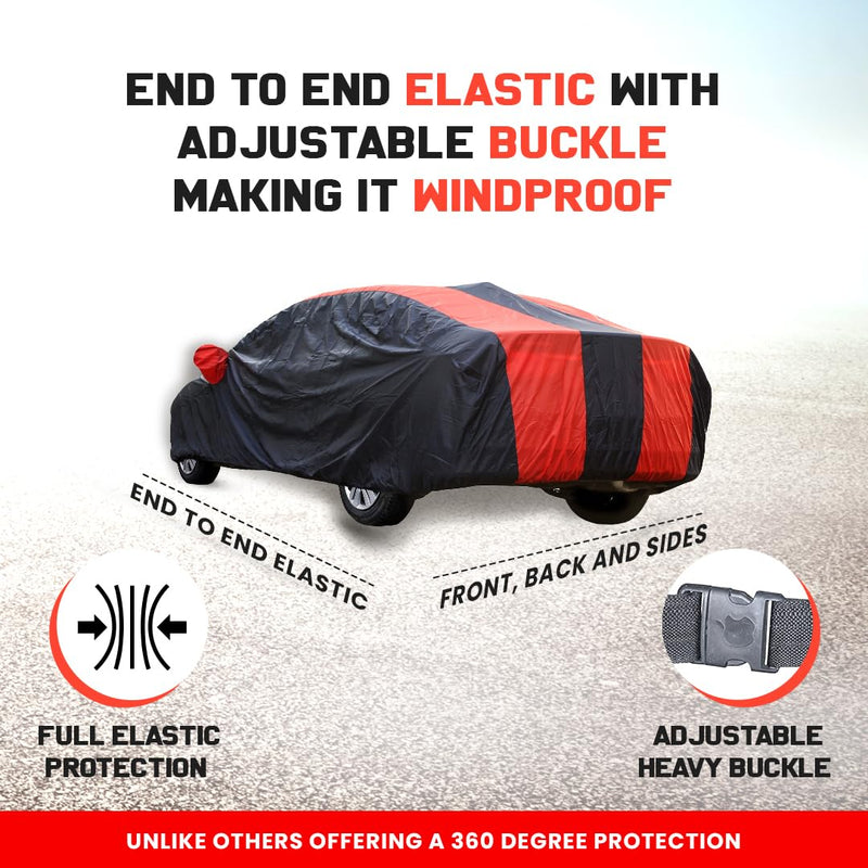 Autofact I20 New Car Cover - EasyShield - Car Body Cover for Hyundai I20 New - With Mirror Pockets, Triple Stitched, Bottom Fully Elastic, Adjustable Belt and Buckle (Red Blue Stripes)