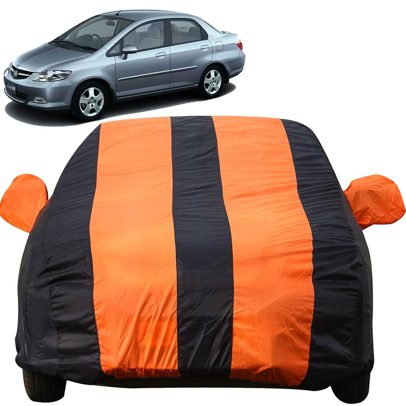 Autofact City Zx Car Cover - EasyShield - Car Body Cover for Honda City Zx - With Mirror Pockets, Triple Stitched, Bottom Fully Elastic, Adjustable Belt and Buckle (Orange Blue Stripes)